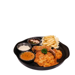 A mouthwatering dish with fried chicken, fries and dipping sauce. A delectable serving with a balanced food portions, capturing the essence of culinary art