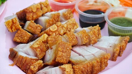 Deep fried pork belly with a crispy skin.