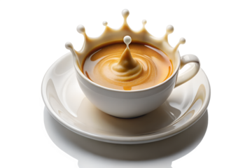 A regal coffee cup sits on a saucer, its contents forming a crownlike splash, creating a visual metaphor for luxury and indulgence isolated on transparent background