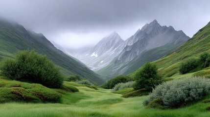 Panoramic Mountain Valley With Snowy Peaks Green Grass And Lush Bushes Under Cloudy Sky