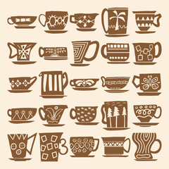 Hand Drawn Mug and Teacup Vector Set, Decorative Ceramic Cups, Pottery, and Kitchen Art Illustrations