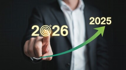 Businessman targets success in 2026 with upward financial growth arrow pointing towards 2025 future goals