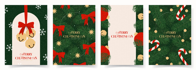 Modern Christmas and New Year flyers. Vector collection of Christmas cards with balls, jingle bells, branches of Christmas tree, stars, snowflakes, bows and light garlands. New Year posters or covers.