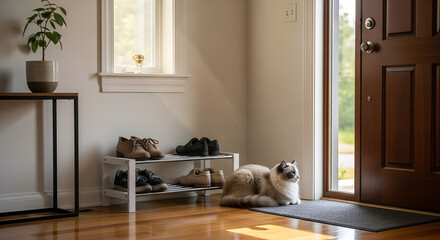 Cat resting by the entrance in a modern home interior  