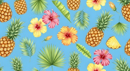 Vibrant Tropical Pattern with Pineapples and Hibiscus Flowers