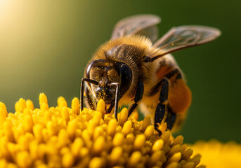 Fototapeta premium Macro photograph of a honey bee on a vibrant yellow flower, showcasing intricate details of its body and wings