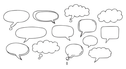 Assortment of handdrawn speech and thought bubble shapes isolated on transparent background