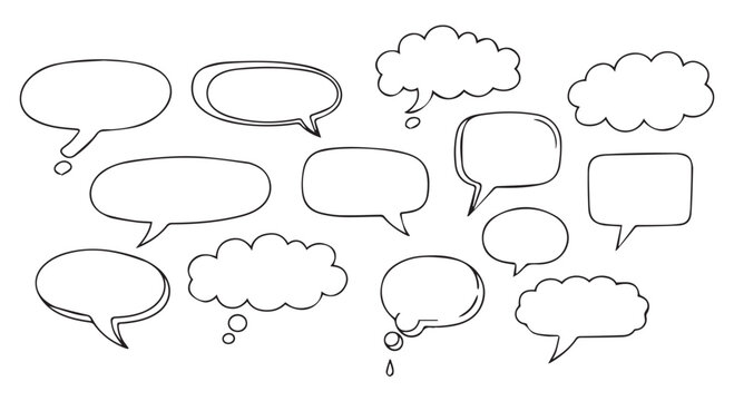 Assortment of handdrawn speech and thought bubble shapes isolated on transparent background