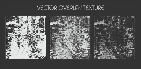 modern different types of overlay texture(paint, old, dust, cracks and other). monochrome vector collection for grunge, vintage effects.