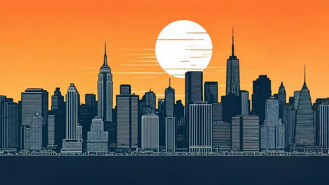 New York City Skyline at Sunset - A Vector Illustration.