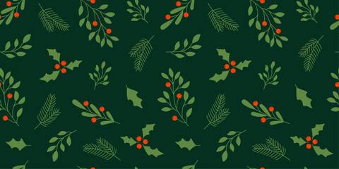 Seamless Christmas New Year's Pattern with leaves, branches and berries. 