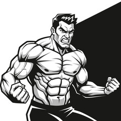 Powerful muscular man flexing biceps showing strength and determination in black and white style