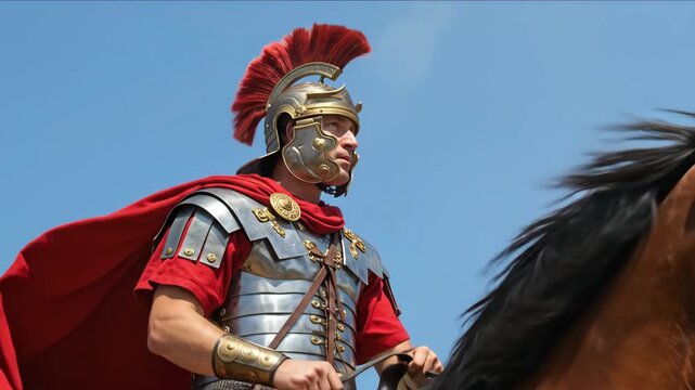 Roman centurion riding horse looking ahead in historical reenactment for ancient war concept video