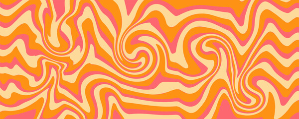 1970 Wavy Swirl Seamless Pattern in Orange and Pink Colors. Hand-Drawn Vector Illustration. Seventies Style, Groovy Background, Wallpaper, Print. Flat Design, Hippie Aesthetic.