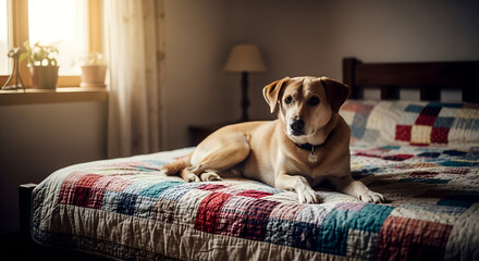 Dog resting on bed with colorful quilt in cozy indoor setting  
