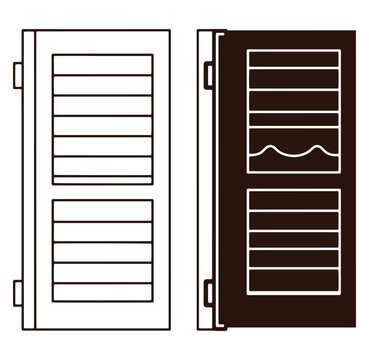 Open and closed window shutters vector illustration in black and white outline style