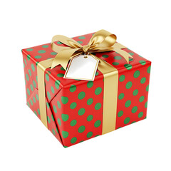 Festive wrapped gift with gold ribbon and blank tag on black background