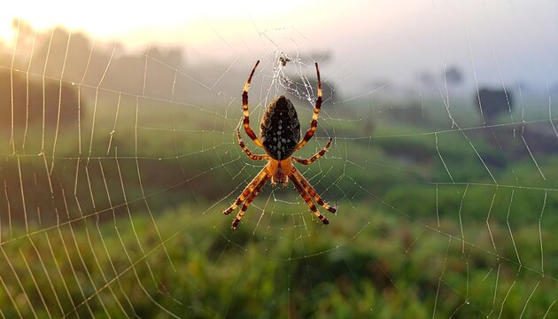A spider rests in its web, dawn glow and foggy green backdrop