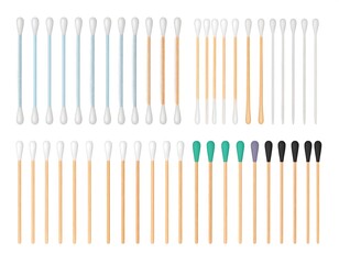 Various cotton swab arrangements on white
