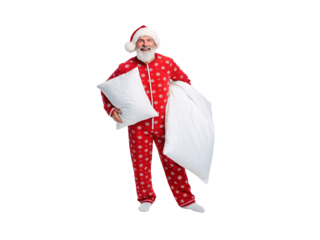 Man in red snowflake pajamas holding white pillows cheerfully wearing fluffy Santa hat festively, isolated on a transparent background