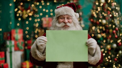 Santa holds blank sign against sparkling bokeh tree, cheerful holiday advert space ready for sales, greetings, and festive announcements. - Powered by Adobe