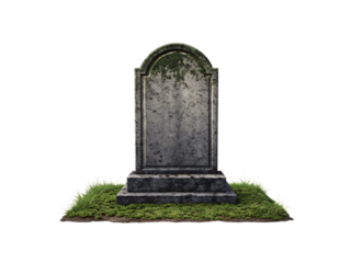 Weathered moss-covered tombstone with arched top on stepped base surrounded by green grass, isolated on a transparent background