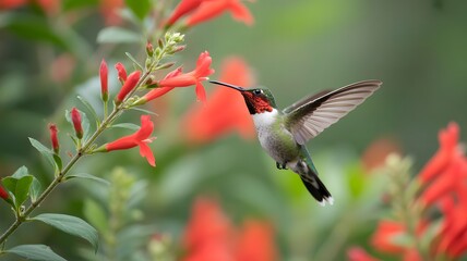 Obraz premium Experience the vibrant energy of nature with this stunning hummingbird gracefully feeding on bright red flowers - a perfect image to evoke joy and natural beauty