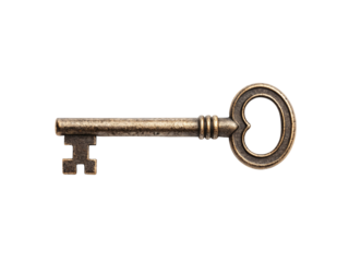 Vintage bronze skeleton key with circular bow and decorative shaft, isolated on a transparent background