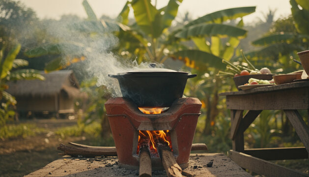 Traditional Filipino outdoor cooking, clay stove, red clay kalan de uling, glowing firewood, crackling fire, gentle smoke, tropical leaves, rustic village, nostalgic morning, cinematic realism
