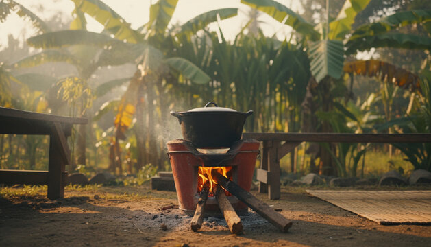 Traditional Filipino outdoor cooking, clay stove, red clay kalan de uling, glowing firewood, crackling fire, gentle smoke, tropical leaves, rustic village, nostalgic morning, cinematic realism
