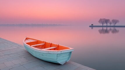 Peaceful small fishing boat rests on textured shore beside calm reflective lake at soft pink sunrise with silhouetted trees on horizon