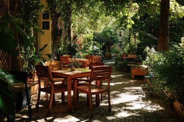 Obraz premium photo of street scene with Korean café and sunlight streaming through tree branches