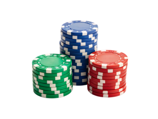three stacks of poker chips in green red and blue colors, isolated on a transparent background