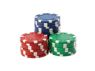 three stacks of casino poker chips red green blue colors arranged, isolated on a transparent background