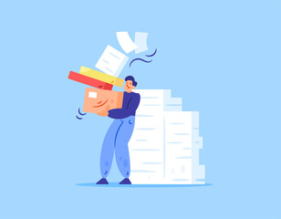 Illustration of a male employee trying to carry and do many tasks. The work is too heavy and too much. The tasks are piling up. The difficulty and burden of work. Flat style design. Blue background.