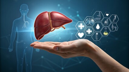 Human hand holding a realistic liver with medical icons and silhouette