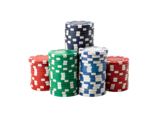 multiple stacks of colorful poker chips red green blue black colors, isolated on a transparent background
