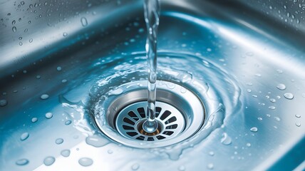 Water flows down the drain in a clean, modern kitchen sink, promoting hygiene and cleanliness for a fresh, healthy lifestyle, ideal for home improvement and plumbing needs