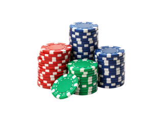 Stacked poker chips in red, green, blue, and dark blue with white accents, isolated on a transparent background