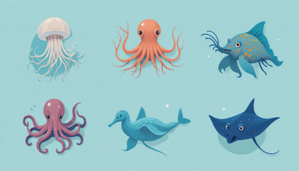 Fototapeta premium A set of flat colored sea animal illustrations on a plain background