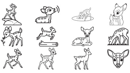 Obraz premium Adorable Collection of Fawn and Young Deer Forest Icons in a Clean Bambi-Style Outline Vector Series