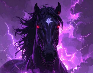 Fototapeta premium A silhouette of a beautiful black stallion running with a flowing mane and tail in the night, an equestrian illustration