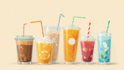 Illustration of various flat colored drinks on a plain background 