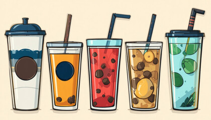 Illustration of various flat colored drinks on a plain background 