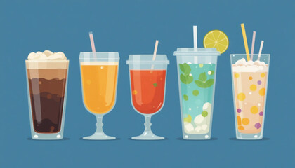Illustration of various flat colored drinks on a plain background 