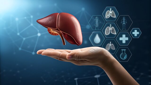 Human liver organ held above hand with medical icons and network background
