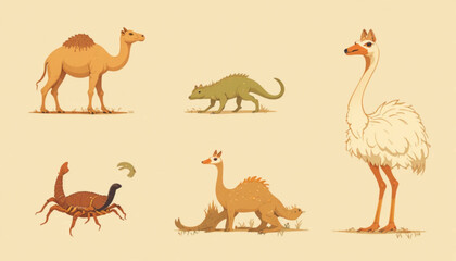 A set of flat colored desert animal illustrations on a plain background