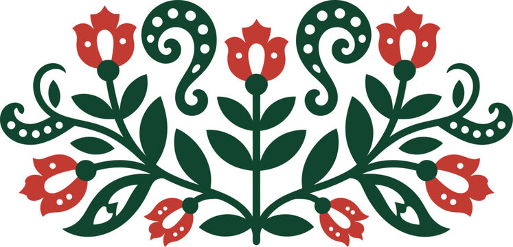 Red and green folk art floral design with swirls