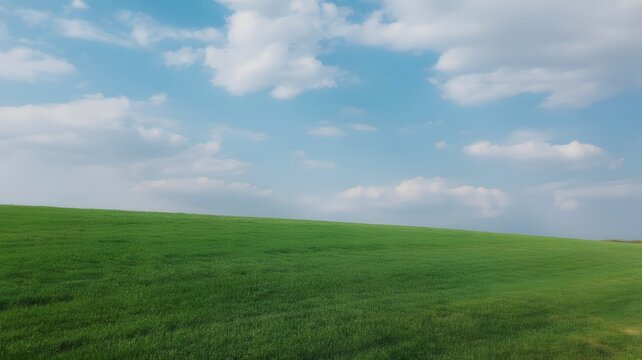 Breathtaking green meadow stretches beneath a serene blue sky dotted with fluffy clouds, evoking feelings of peace and escape, perfect for nature lovers
