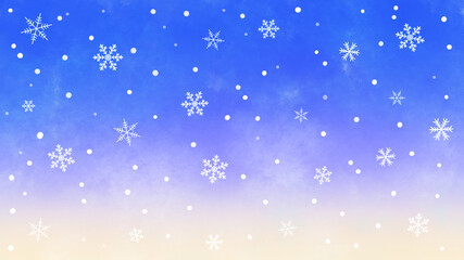青色のグラデーションと雪の結晶の背景　水彩　冬